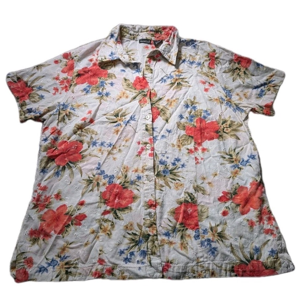 NORTH CREST NEW TROPICAL Floral Shirt Tee Button Up SHORT SLEEVE SHIRT | Large